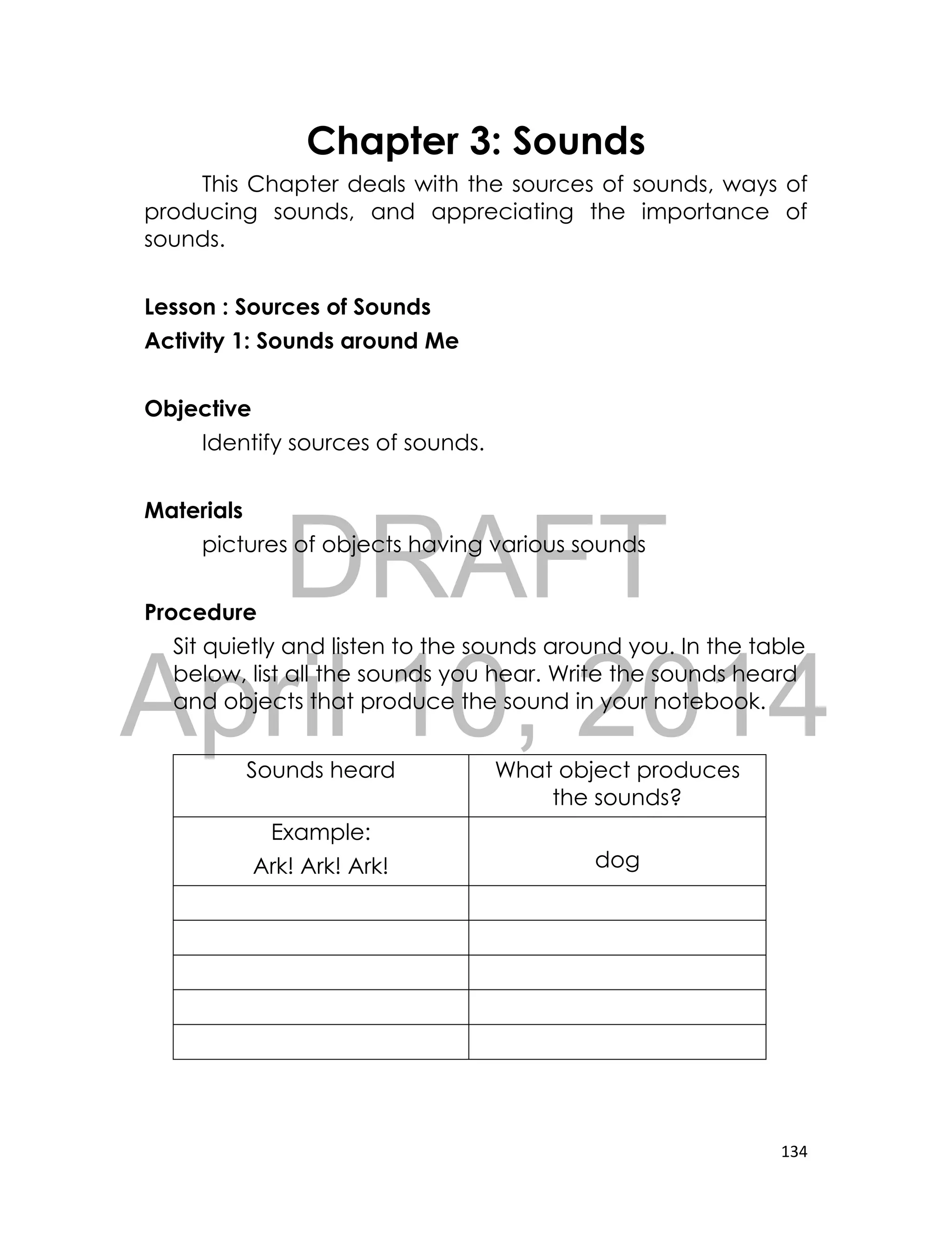 DRAFT
April 10, 2014
134
Chapter 3: Sounds
This Chapter deals with the sources of sounds, ways of
producing sounds, and appreciating the importance of
sounds.
Lesson : Sources of Sounds
Activity 1: Sounds around Me
Objective
Identify sources of sounds.
Materials
pictures of objects having various sounds
Procedure
Sit quietly and listen to the sounds around you. In the table
below, list all the sounds you hear. Write the sounds heard
and objects that produce the sound in your notebook.
Sounds heard What object produces
the sounds?
Example:
Ark! Ark! Ark! dog
 