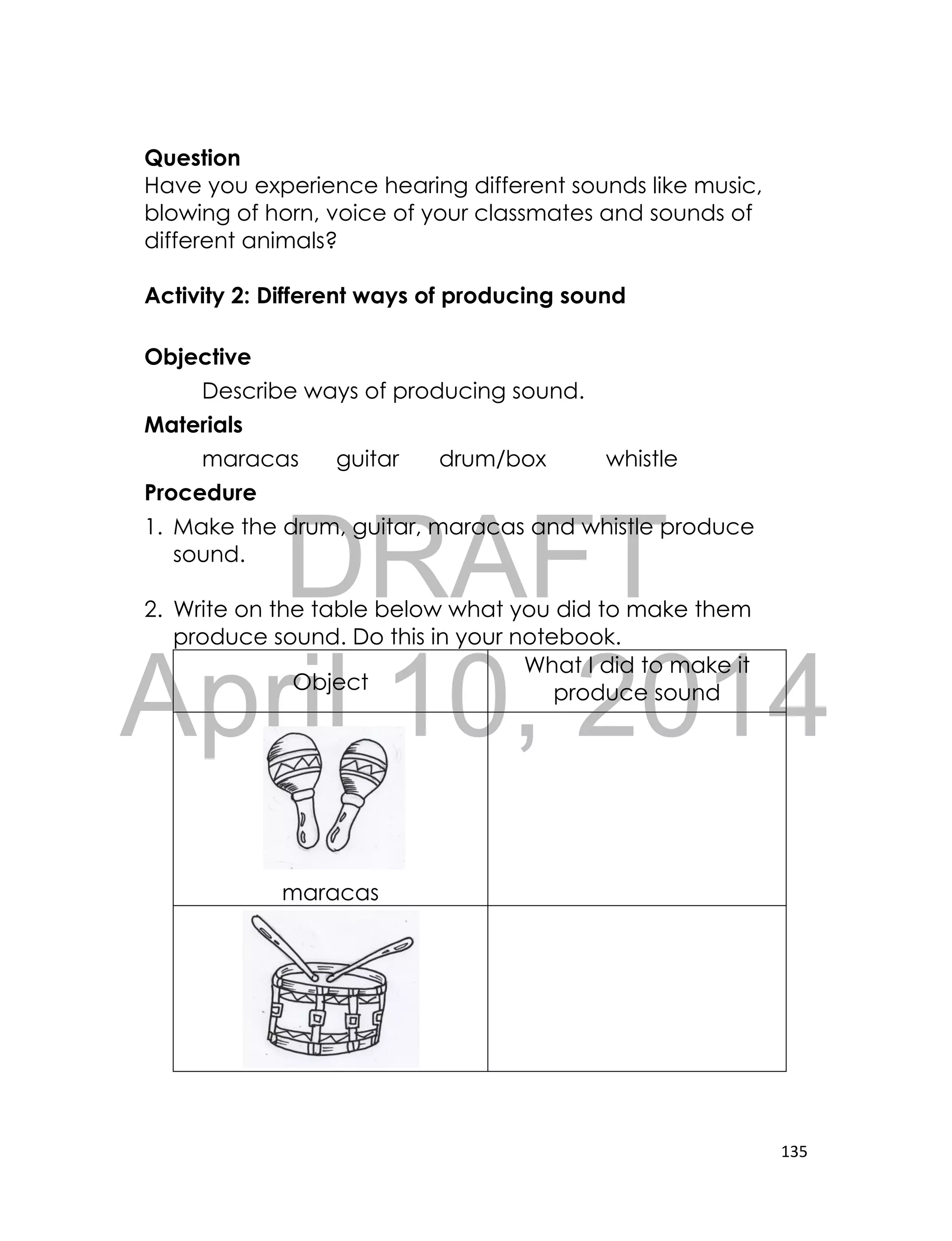 DRAFT
April 10, 2014
135
Question
Have you experience hearing different sounds like music,
blowing of horn, voice of your classmates and sounds of
different animals?
Activity 2: Different ways of producing sound
Objective
Describe ways of producing sound.
Materials
maracas guitar drum/box whistle
Procedure
1. Make the drum, guitar, maracas and whistle produce
sound.
2. Write on the table below what you did to make them
produce sound. Do this in your notebook.
Object
What I did to make it
produce sound
maracas
drum
 