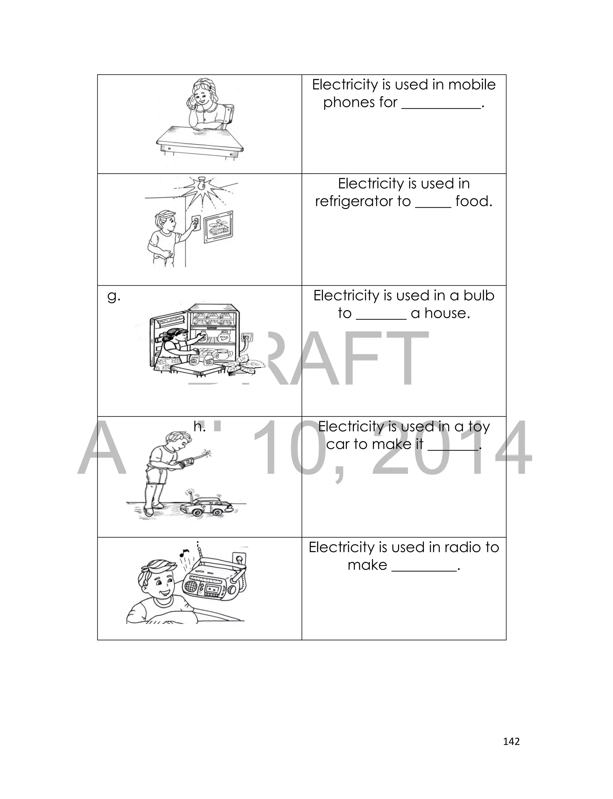 DRAFT
April 10, 2014
142
e. Electricity is used in mobile
phones for ___________.
f. Electricity is used in
refrigerator to _____ food.
g. Electricity is used in a bulb
to _______ a house.
h. Electricity is used in a toy
car to make it _______.
i. Electricity is used in radio to
make _________.
 