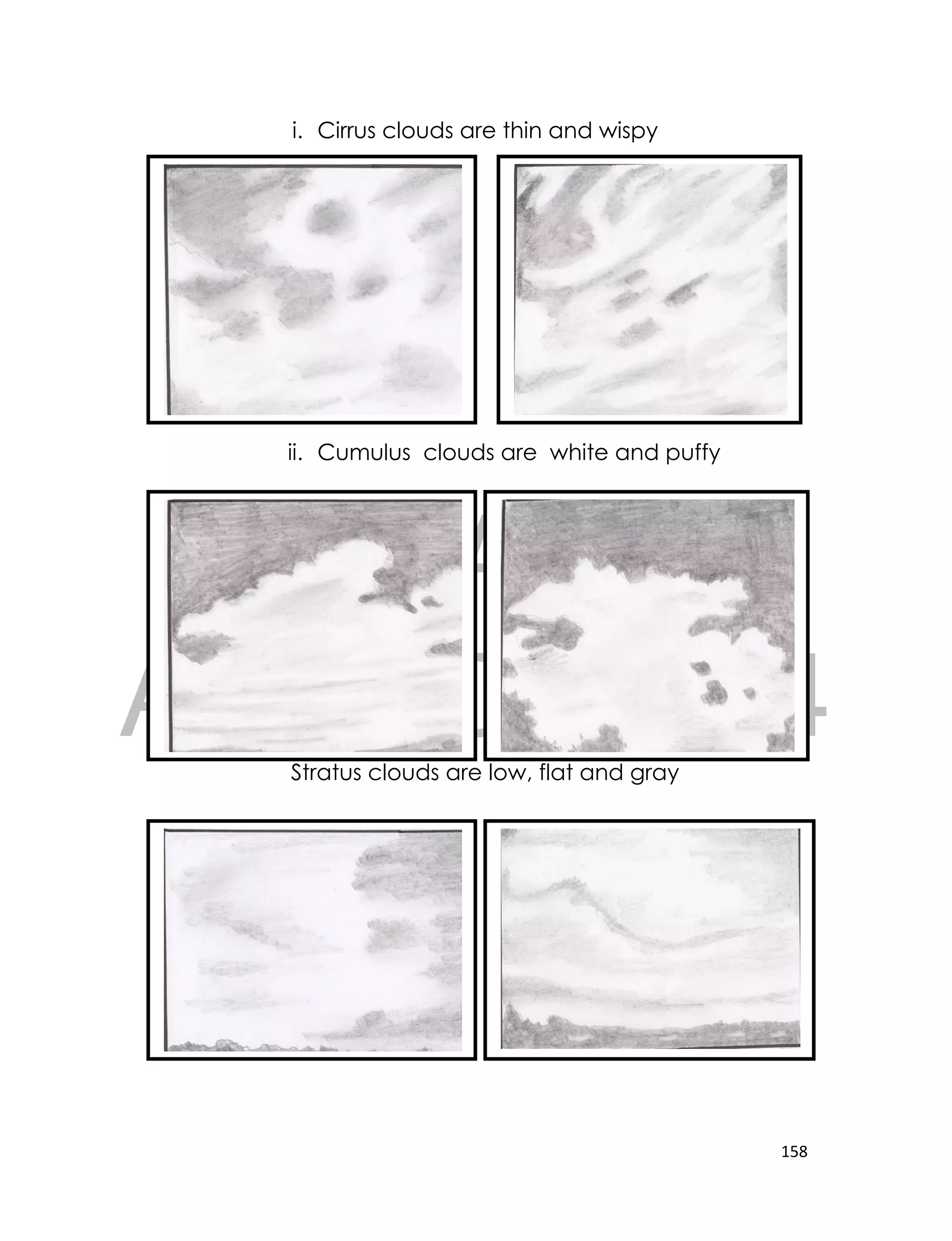 DRAFT
April 10, 2014
158
i. Cirrus clouds are thin and wispy
ii. Cumulus clouds are white and puffy
Stratus clouds are low, flat and gray
 