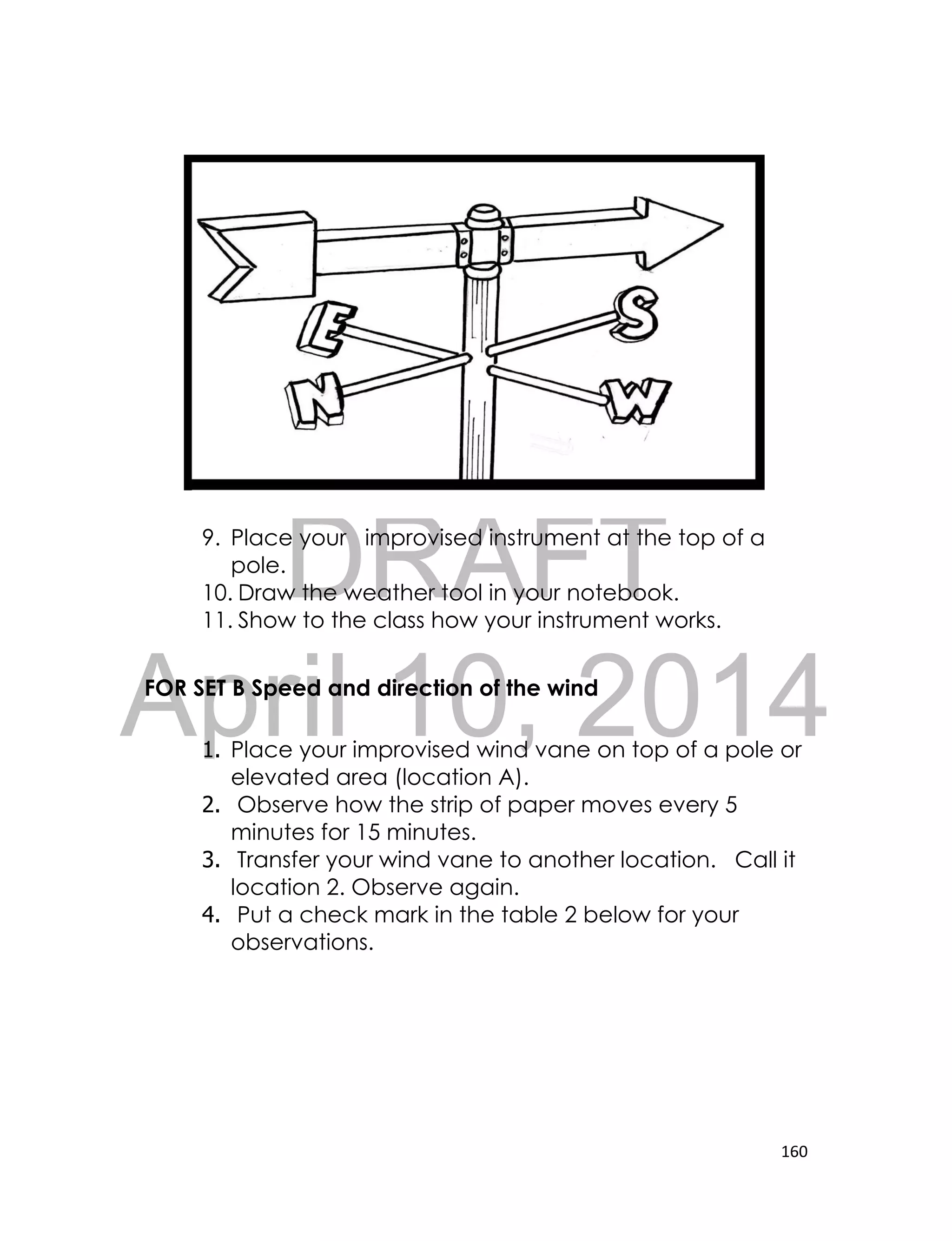 DRAFT
April 10, 2014
160
Illustration here
9. Place your improvised instrument at the top of a
pole.
10. Draw the weather tool in your notebook.
11. Show to the class how your instrument works.
FOR SET B Speed and direction of the wind
1. Place your improvised wind vane on top of a pole or
elevated area (location A).
2. Observe how the strip of paper moves every 5
minutes for 15 minutes.
3. Transfer your wind vane to another location. Call it
location 2. Observe again.
4. Put a check mark in the table 2 below for your
observations.
 