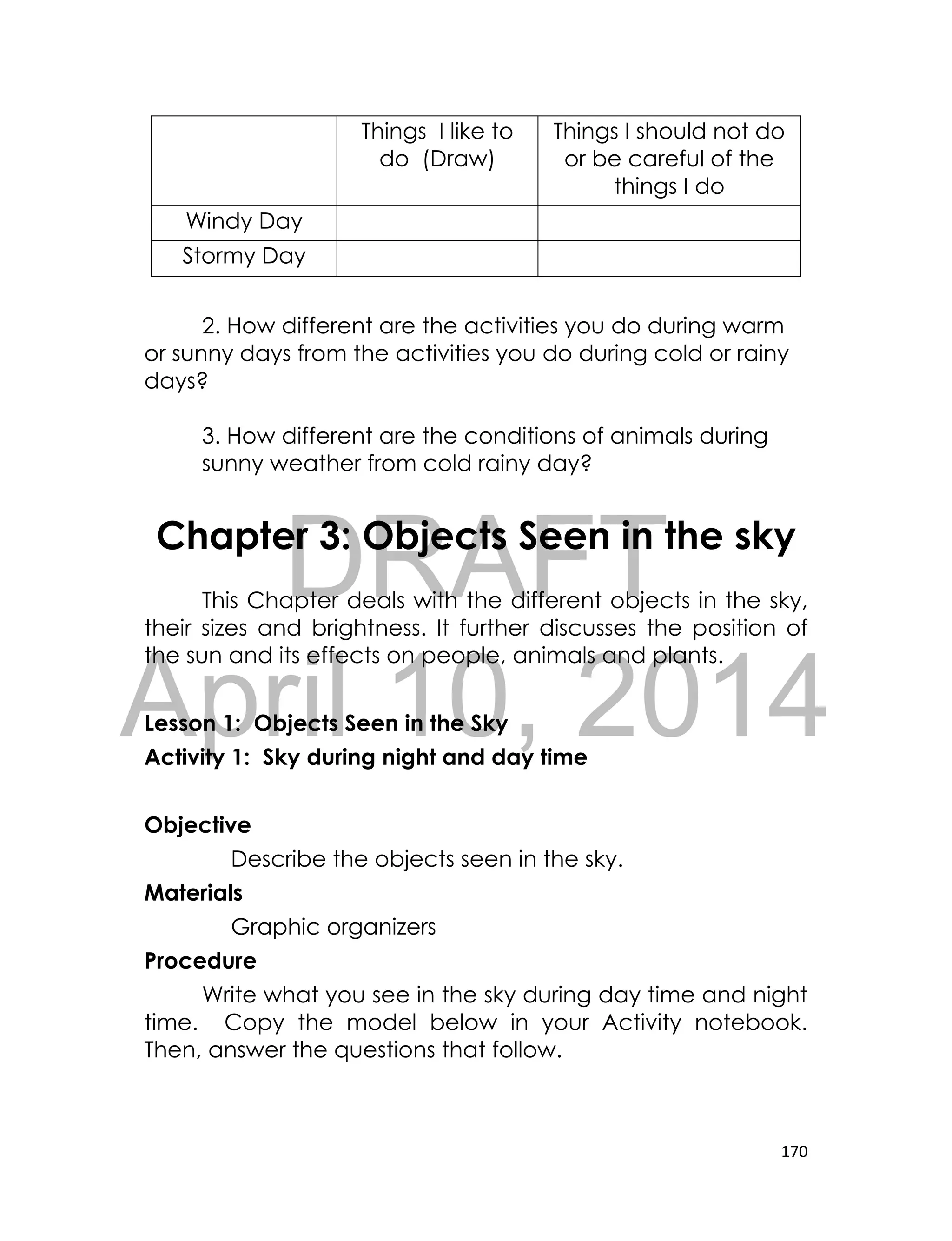 DRAFT
April 10, 2014
170
Things I like to
do (Draw)
Things I should not do
or be careful of the
things I do
Windy Day
Stormy Day
2. How different are the activities you do during warm
or sunny days from the activities you do during cold or rainy
days?
3. How different are the conditions of animals during
sunny weather from cold rainy day?
Chapter 3: Objects Seen in the sky
This Chapter deals with the different objects in the sky,
their sizes and brightness. It further discusses the position of
the sun and its effects on people, animals and plants.
Lesson 1: Objects Seen in the Sky
Activity 1: Sky during night and day time
Objective
Describe the objects seen in the sky.
Materials
Graphic organizers
Procedure
Write what you see in the sky during day time and night
time. Copy the model below in your Activity notebook.
Then, answer the questions that follow.
 