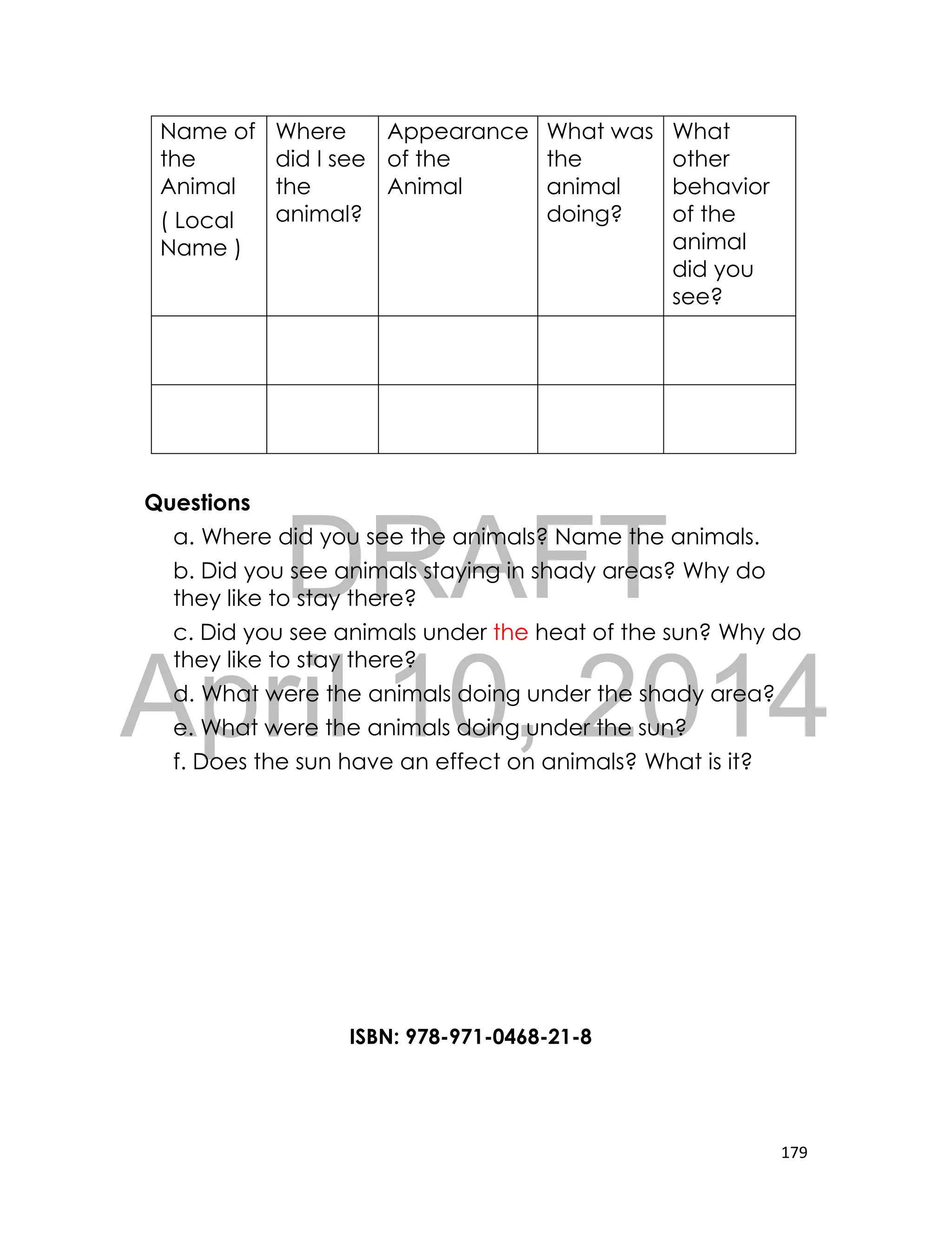 DRAFT
April 10, 2014
179
Name of
the
Animal
( Local
Name )
Where
did I see
the
animal?
Appearance
of the
Animal
What was
the
animal
doing?
What
other
behavior
of the
animal
did you
see?
Questions
a. Where did you see the animals? Name the animals.
b. Did you see animals staying in shady areas? Why do
they like to stay there?
c. Did you see animals under the heat of the sun? Why do
they like to stay there?
d. What were the animals doing under the shady area?
e. What were the animals doing under the sun?
f. Does the sun have an effect on animals? What is it?
ISBN: 978-971-0468-21-8
 