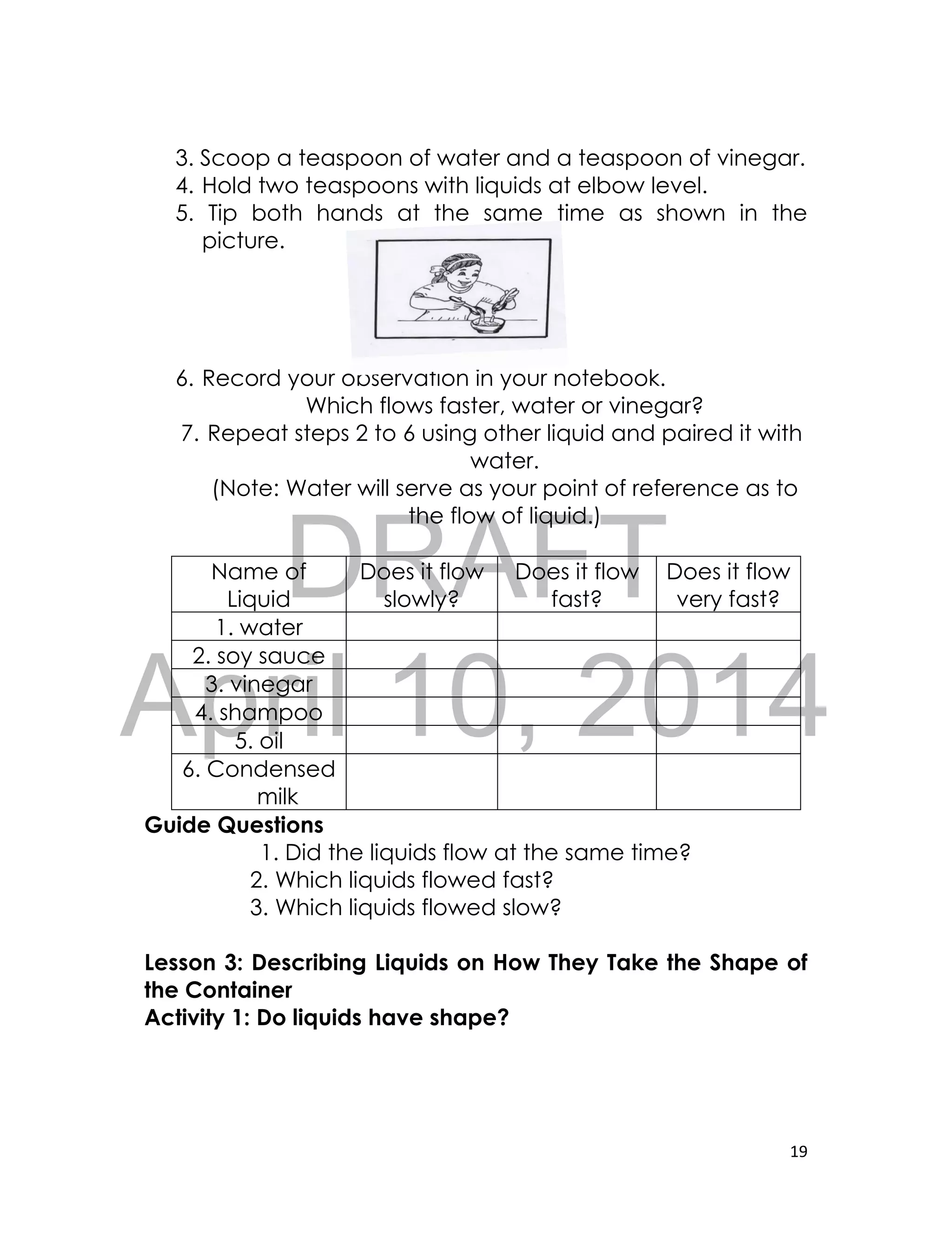 DRAFT
April 10, 2014
19
3. Scoop a teaspoon of water and a teaspoon of vinegar.
4. Hold two teaspoons with liquids at elbow level.
5. Tip both hands at the same time as shown in the
picture.
6. Record your observation in your notebook.
Which flows faster, water or vinegar?
7. Repeat steps 2 to 6 using other liquid and paired it with
water.
(Note: Water will serve as your point of reference as to
the flow of liquid.)
Name of
Liquid
Does it flow
slowly?
Does it flow
fast?
Does it flow
very fast?
1. water
2. soy sauce
3. vinegar
4. shampoo
5. oil
6. Condensed
milk
Guide Questions
1. Did the liquids flow at the same time?
2. Which liquids flowed fast?
3. Which liquids flowed slow?
Lesson 3: Describing Liquids on How They Take the Shape of
the Container
Activity 1: Do liquids have shape?
 