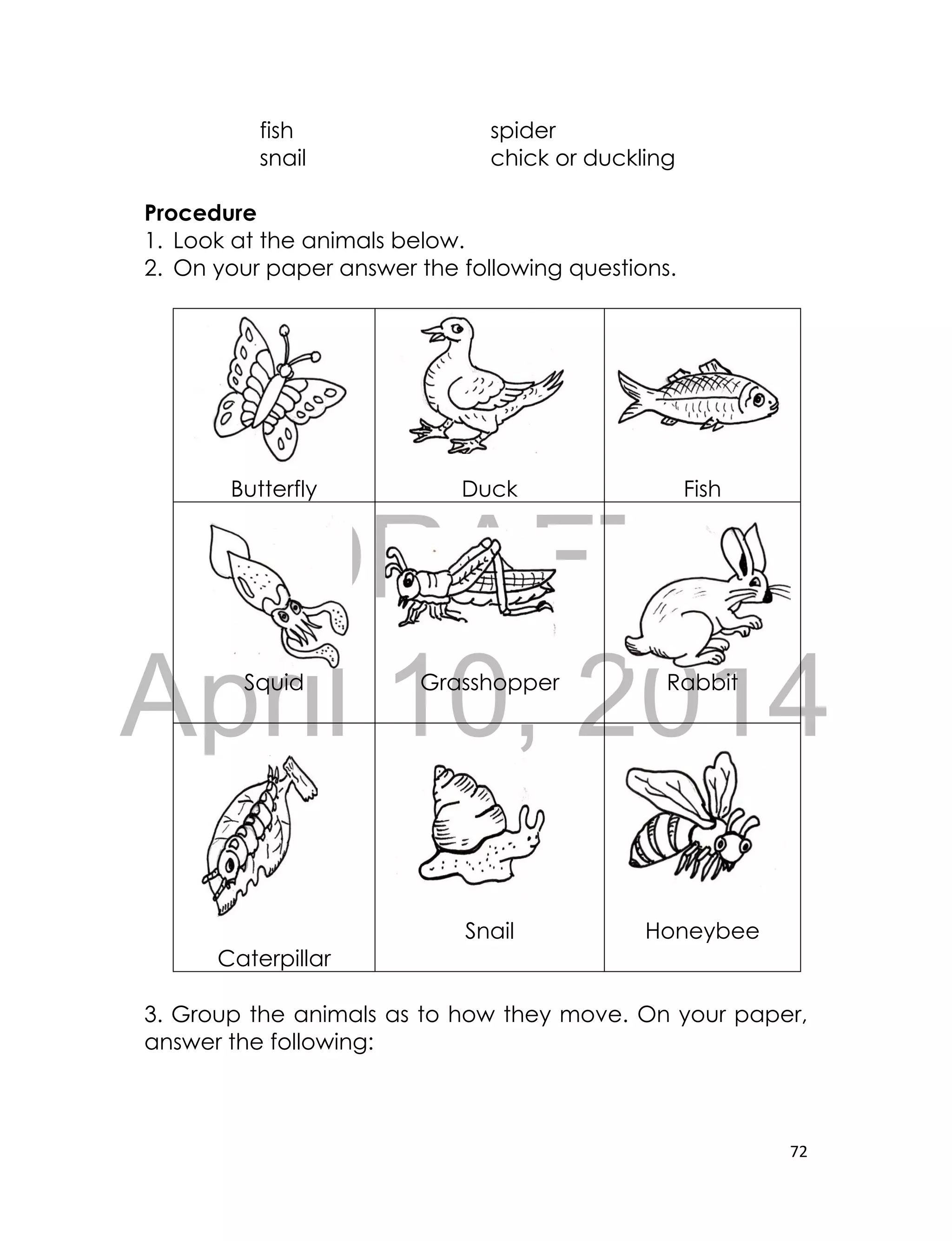 DRAFT
April 10, 2014
72
fish spider
snail chick or duckling
Procedure
1. Look at the animals below.
2. On your paper answer the following questions.
Butterfly Duck Fish
Squid Grasshopper Rabbit
Caterpillar
Snail Honeybee
3. Group the animals as to how they move. On your paper,
answer the following:
 