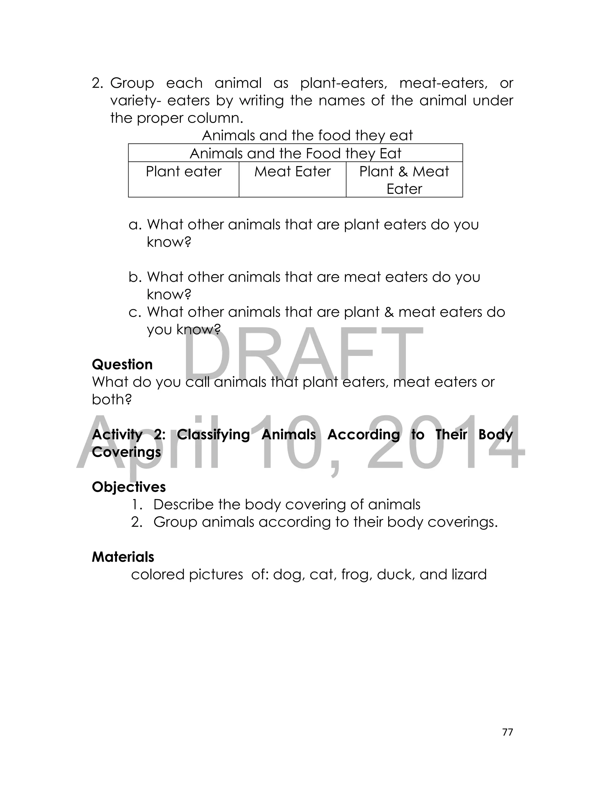 DRAFT
April 10, 2014
77
2. Group each animal as plant-eaters, meat-eaters, or
variety- eaters by writing the names of the animal under
the proper column.
Animals and the food they eat
Animals and the Food they Eat
Plant eater Meat Eater Plant & Meat
Eater
a. What other animals that are plant eaters do you
know?
b. What other animals that are meat eaters do you
know?
c. What other animals that are plant & meat eaters do
you know?
Question
What do you call animals that plant eaters, meat eaters or
both?
Activity 2: Classifying Animals According to Their Body
Coverings
Objectives
1. Describe the body covering of animals
2. Group animals according to their body coverings.
Materials
colored pictures of: dog, cat, frog, duck, and lizard
 