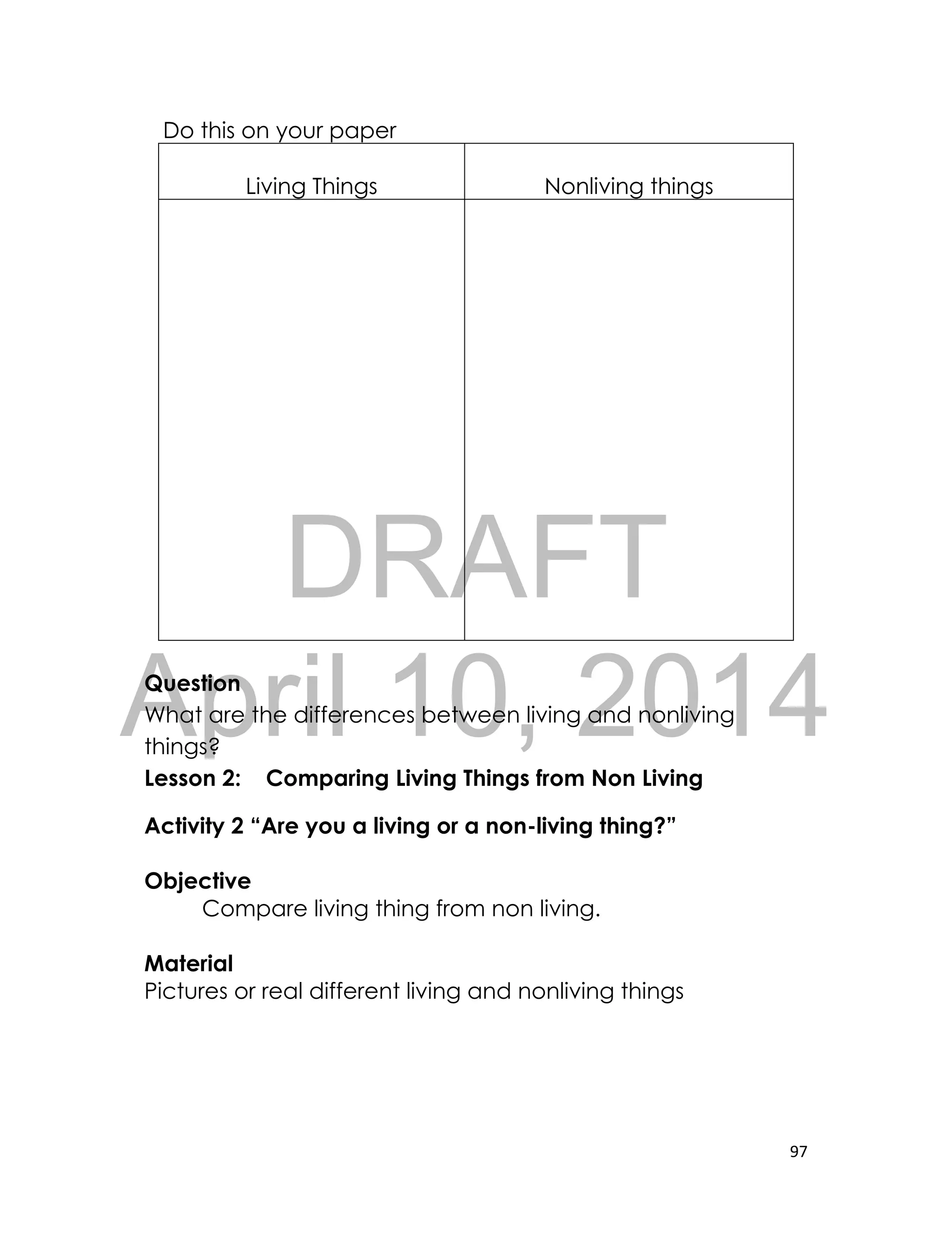 DRAFT
April 10, 2014
97
Do this on your paper
Living Things Nonliving things
Question
What are the differences between living and nonliving
things?
Lesson 2: Comparing Living Things from Non Living
Activity 2 “Are you a living or a non-living thing?”
Objective
Compare living thing from non living.
Material
Pictures or real different living and nonliving things
 