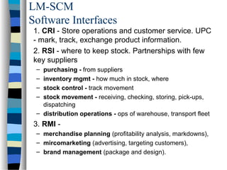 LM-SCM
Software Interfaces
1. CRI - Store operations and customer service. UPC
- mark, track, exchange product information.
2. RSI - where to keep stock. Partnerships with few
key suppliers
– purchasing - from suppliers
– inventory mgmt - how much in stock, where
– stock control - track movement
– stock movement - receiving, checking, storing, pick-ups,
dispatching
– distribution operations - ops of warehouse, transport fleet
3. RMI -
– merchandise planning (profitability analysis, markdowns),
– mircomarketing (advertising, targeting customers),
– brand management (package and design).
 