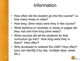 Information

     • How often did the student go into the course? i.e.
       how many times or visits?
     • How long (time wise) were they in the course?
     • What sections or modules or areas or pages did
       they visit and how long (time wise)?
     • What courses did all the students for that
       curriculum go into? How long were they in
       there? How often?
     • Who accessed or entered the LMS? How often?
       (you can identify it by day, multiple days, week,
       etc.)
25
 