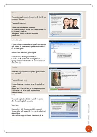 2
LMSERUDIO|20/02/2014
Process
Consentire agli utenti di scoprire le fasi di un
processo lineare.
Viene utilizzato per:
Illustrare le fasi di un processo
Accompagnare gli utenti attraverso una serie
di elementi correlati
Spiega un flusso di lavoro o di una
procedura
Labeled Graphic
L'interazione con etichetta/ grafico consente
agli utenti di identificare gli elementi chiave
di un'immagine.
Si utilizza il Labeled grafico per:
Evidenziare i dettagli di una foto
Chiama parti pertinenti di un grafico
Spiegare le caratteristiche di uno screenshot
del software
Timeline
Permette agli utenti di scoprire gli eventi di
una timeline.
Viene utilizzata per:
Passaggio attraverso una serie di periodi ed
eventi
Guida per gli utenti anche su un continuum
Evidenziare le principali tappe di una
pianificazione
FAQ
Consente agli utenti di trovare le risposte
alle domande più frequenti.
Serve per:
Rispondere alle domande più frequenti
Consentire agli utenti di ricerca di soluzioni
ai problemi
Recensione oggetto in un formato Q & A
 