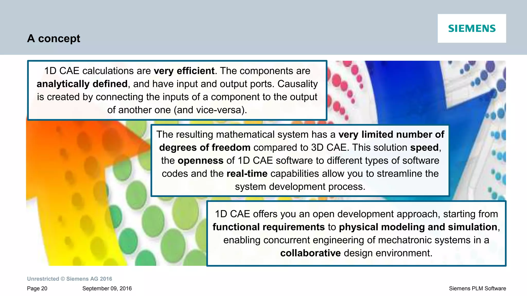 Unrestricted © Siemens AG 2016
September 09, 2016Page 20 Siemens PLM Software
A concept
1D CAE calculations are very efficient. The components are
analytically defined, and have input and output ports. Causality
is created by connecting the inputs of a component to the output
of another one (and vice-versa).
The resulting mathematical system has a very limited number of
degrees of freedom compared to 3D CAE. This solution speed,
the openness of 1D CAE software to different types of software
codes and the real-time capabilities allow you to streamline the
system development process.
1D CAE offers you an open development approach, starting from
functional requirements to physical modeling and simulation,
enabling concurrent engineering of mechatronic systems in a
collaborative design environment.
 