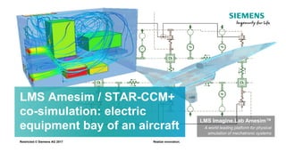 Realize innovation.
LMS Amesim / STAR-CCM+
co-simulation: electric
equipment bay of an aircraft
LMS Imagine.Lab Amesim™
A world leading platform for physical
simulation of mechatronic systems
Restricted © Siemens AG 2017
 