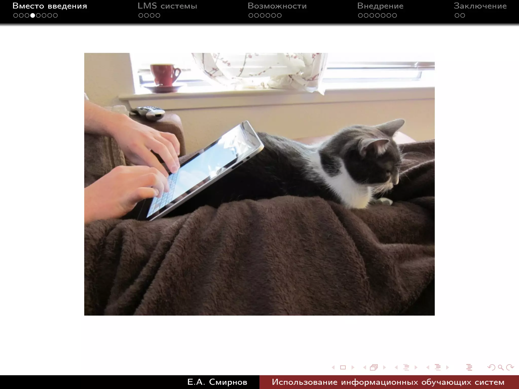 Вместо введения   LMS системы             Возможности         Внедрение          Заключение




                           Е.А. Смирнов       Использование информационных обучающих систем
 