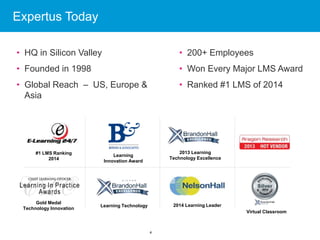 4
Expertus Today
• HQ in Silicon Valley
• Founded in 1998
• Global Reach – US, Europe &
Asia
• 200+ Employees
• Won Every Major LMS Award
• Ranked #1 LMS of 2014
2013 Learning
Technology Excellence
#1 LMS Ranking
2014
Learning
Innovation Award
Virtual Classroom
Gold Medal
Technology Innovation
Learning Technology 2014 Learning Leader
 