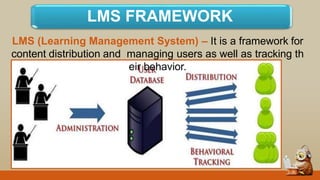 LMS FRAMEWORK
LMS (Learning Management System) – It is a framework for
content distribution and managing users as well as tracking th
eir behavior.
 