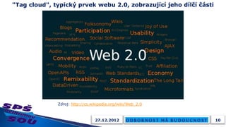 "Tag cloud", typický prvek webu 2.0, zobrazující jeho dílčí části




              Zdroj: http://cs.wikipedia.org/wiki/Web_2.0



                                 27.12.2012                         10
 