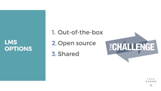 LMS
OPTIONS
1. Out-of-the-box
2. Open source
3. Shared
 