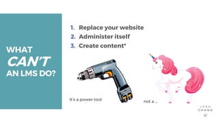 WHAT
CAN’T
AN LMS DO?
1. Replace your website
2. Administer itself
3. Create content*
not a ...It’s a power tool
 