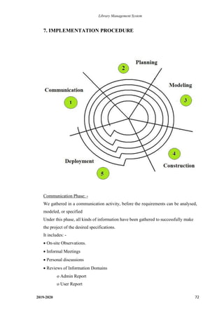 Library Management System
2019-2020 72
7. IMPLEMENTATION PROCEDURE
Communication Phase: -
We gathered in a communication activity, before the requirements can be analysed,
modeled, or specified
Under this phase, all kinds of information have been gathered to successfully make
the project of the desired specifications.
It includes: -
• On-site Observations.
• Informal Meetings
• Personal discussions
• Reviews of Information Domains
o Admin Report
o User Report
 