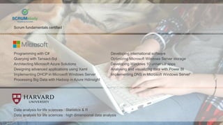 Scrum fundamentals certified
Architecting Microsoft Azure Solutions
Processing Big Data with Hadoop in Azure Hdinsight
Analysing and visualizing data with Power BI
Querying with Tansact-Sql
Designing advanced applications using Xaml
Implementing DHCP in Microsoft Windows Server Implementing DNS in Microsoft Windows Server
Optimizing Microsoft Windows Server storage
Developing Windows 10 universal apps
Programming with C# Developing international software
Data analysis for life sciences : Statistics & R
Data analysis for life sciences : high dimensional data analysis
 