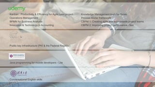 Kanban : Productivity & Efficiency for Agile Lean project
Operations Management
BPMN for Business Analysts
Innocation & Technology in Accounting
Knowledge Management tools for Smes
Process leader framework
CBPM 1: Creating agile and accountable project teams
CBPM 2: Improving project performance - fast
Public key infrastructure (PKI & the Federal Register)
Java programming for mobile developers - Lite
Conversational English skills
 