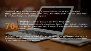 de notre travail consiste à analyser les activités de nos clients.
L’analyse, la documentation, la construction de Business Process font notre réputation à
l’étranger. Nous croyons qu’un projet de solution IT sans analyse et identification des gains
possibles est inefficace.70%
Depuis plus de dix ans, nous réalisons des projets de système d’information au Maroc et à l’international.
Boeing, Bombardier, Centrale laitière, Merrill Lynch, … font confiance à notre savoir faire, à notre maîtrise
des nouvelles technologies et à la fiabilité de nos process.
LM Software suit une méthode de travail respectant les standards les plus exigeants d’analyse et de
développement. Nos équipes possèdent des certifications informatiques et de gestion de projet uniques au Maroc.
Ces certifications sont régulièrement renouvelées.
 