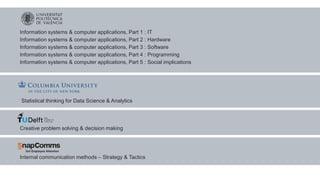 Information systems & computer applications, Part 1 : IT
Information systems & computer applications, Part 2 : Hardware
Information systems & computer applications, Part 3 : Software
Information systems & computer applications, Part 4 : Programming
Information systems & computer applications, Part 5 : Social implications
Statistical thinking for Data Science & Analytics
Creative problem solving & decision making
Internal communication methods – Strategy & Tactics
 