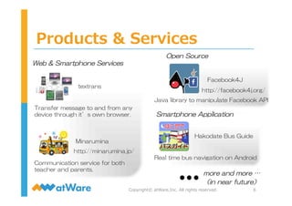 Products  &  Services
6Copyright©  atWare,Inc.  All  rights  reserved.
Open  Source
Java  library  to  manipulate  Facebook  API
Smartphone  Application
Web  &  Smartphone  Services
http://minarumina.jp/
Facebook4J
Hakodate  Bus  Guide
Real  time  bus  navigation  on  Android
Communication  service  for  both  
teacher  and  parents.
Minarumina
more  and  more  …
（in  near  future）
textrans
Transfer  message  to  and  from  any  
device  through  it’s  own  browser.
http://facebook4j.org/
 
