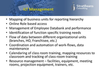 • Mapping of business units for reporting hierarchy
• Online Role based access
• Management of Employee Databank and performance
• Identification of function specific training needs
• Flow of data between different organizational units
(branches, HO, Franchisee, etc.)
• Coordination and automation of work-flows, data
maintenance
• Calendaring of class room training, mapping resources to
classroom and tracking of class-room training
• Resource management – facilities, equipment, meeting
rooms, projection equipment, trainers, etc.
 