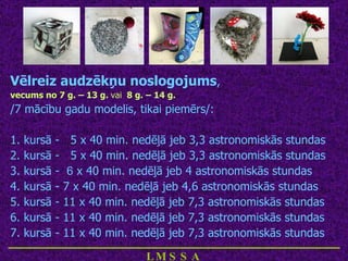 Vēlreiz audzēkņu noslogojums , vecums no 7 g. – 13 g.  vai   8 g. – 14 g. /7 mācību gadu modelis, tikai piemērs/: 1. kursā -  5 x 40 min. nedēļā jeb 3,3 astronomiskās stundas 2. kursā -  5 x 40 min. nedēļā jeb 3,3 astronomiskās stundas 3. kursā -  6  x 40 min. nedēļā jeb 4 astronomiskās stundas 4. kursā - 7 x 40 min. nedēļā jeb 4,6 astronomiskās stundas 5. kursā - 11 x 40 min. nedēļā jeb 7,3 astronomiskās stundas 6. kursā - 11 x 40 min. nedēļā jeb 7,3 astronomiskās stundas 7. kursā - 11 x 40 min. nedēļā jeb 7,3 astronomiskās stundas ____________________________ LMSSA 