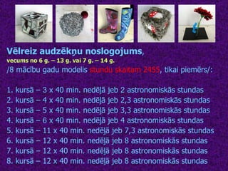 Vēlreiz audzēkņu noslogojums , vecums no 6 g. – 13 g. vai 7 g. – 14 g. /8 mācību gadu modelis  stundu skaitam 2455 , tikai piemērs/: 1. kursā –  3  x 40 min. nedēļā jeb  2  astronomiskās stundas 2. kursā – 4 x 40 min. nedēļā jeb 2,3 astronomiskās stundas 3. kursā – 5 x 40 min. nedēļā jeb 3,3 astronomiskās stundas 4. kursā –  6  x 40 min. nedēļā jeb 4 astronomiskās stundas 5. kursā – 11 x 40 min. nedēļā jeb 7,3 astronomiskās stundas 6. kursā – 12 x 40 min. nedēļā jeb 8 astronomiskās stundas 7. kursā – 12 x 40 min. nedēļā jeb 8 astronomiskās stundas 8. kursā – 12 x 40 min. nedēļā jeb 8 astronomiskās stundas 
