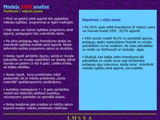 Modeļ a  2455  analīze Pozitīvais / stiprās puses Pilnā vai gandrīz pilnā apjomā tiek saglabātas mākslas izglītības  programmas ar ilgām tradīcijām. Daļa skolu var īstenot izglītības programmu pilnā apjomā, pedagogiem tiek nodrošināts darbs. Pie pilna pedagogu algu finansējuma skolas var nodrošināt izglītības kvalitāti pilnā apjomā. Netiek deformēts esošais programmu saturs un struktūra. Skolas regulē apmācību ilgumu, saziņā ar novada pašvaldību un novada vajadzībām var elastīgi plānot stundas pa gadiem (5 līdz  8  gadi). Lielāka brīvība, arī lielāka atbildība. Skolas regulē,  kurus priekšmetus mācīt pastiprināti, kā arī mācību priekšmeta „Darbs materiālā” apakšprogrammu piedāvājumu. Audzēkņu noslogojums 7 –  8  gadu apmācības modelī tiek izlīdzināts atbilstoši audzēkņu vecumposmu īpatnībām un optimālai slodzei. Skolas beigšanas gala prasības un mācību   saturu kopumā nosaka  mācību priekšmetu Vadlīnijas. Negatīvais / vājās puses Pie 2010. gada solītā finansējuma (8 miljoni)  valsts var finansēt  model i  2455 - 59,5% apjomā. 2455 stundu modelī 40,5% no paredzētā apjoma, pedagogu algām nepieciešams finansēt no novadu pašvaldībām un/vai vecākiem. Ne visas pašvaldības un vecāki var līdzfinansēt arī skolotāju  algas.  Situācijā, kad daļēja valsts finansējuma dēļ pašvaldības un vecāki nevar segt iztrūkstošos pedagogu algu izdevumus, skolas nevar  nodrošināt mākslas izglītību pilnā apjomā, zūd kvalitāte. ____________________________ LMSSA 