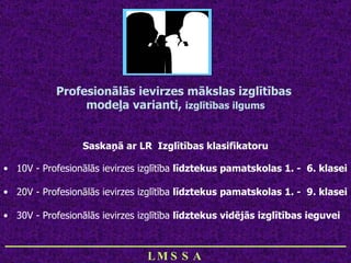 ________________________________ LMSSA Profesionālās ievirzes mākslas izglītības  modeļa varianti,  izglītības ilgums Saskaņā ar LR  Izglītības klasifikatoru 10V - Profesionālās ievirzes izglītība  līdztekus pamatskolas 1. -  6. klasei 20V - Profesionālās ievirzes izglītība  līdztekus pamatskolas 1. -  9. klasei 30V - Profesionālās ievirzes izglītība  līdztekus vidējās izglītības ieguvei 