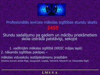 1. vadlīnijām mākslas izglītībā (KRIIC mājas lapā) 2. nākamās izglītības pakāpes –  mākslas vidusskolu iestājeksāmenu prasībām   (Dizaina ievirzes skolas Rīgā, Daugavpilī, Liepājā, Valmierā, Rēzeknē vai J.Rozentāla Rīgā) Profesionālās ievirzes mākslas izglītības stundu skaits   2455 Stundu sadalījumu pa gadiem un mācību priekšmetiem skola izstrādā patstāvīgi, sekojot  ________________________________ LMSSA 