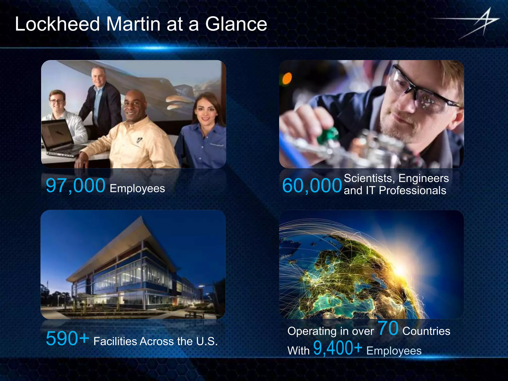 590+ Facilities Across the U.S.
Operating in over 70 Countries
Lockheed Martin at a Glance
97,000 Employees 60,000
With 9,400+ Employees
Scientists, Engineers
and IT Professionals
 