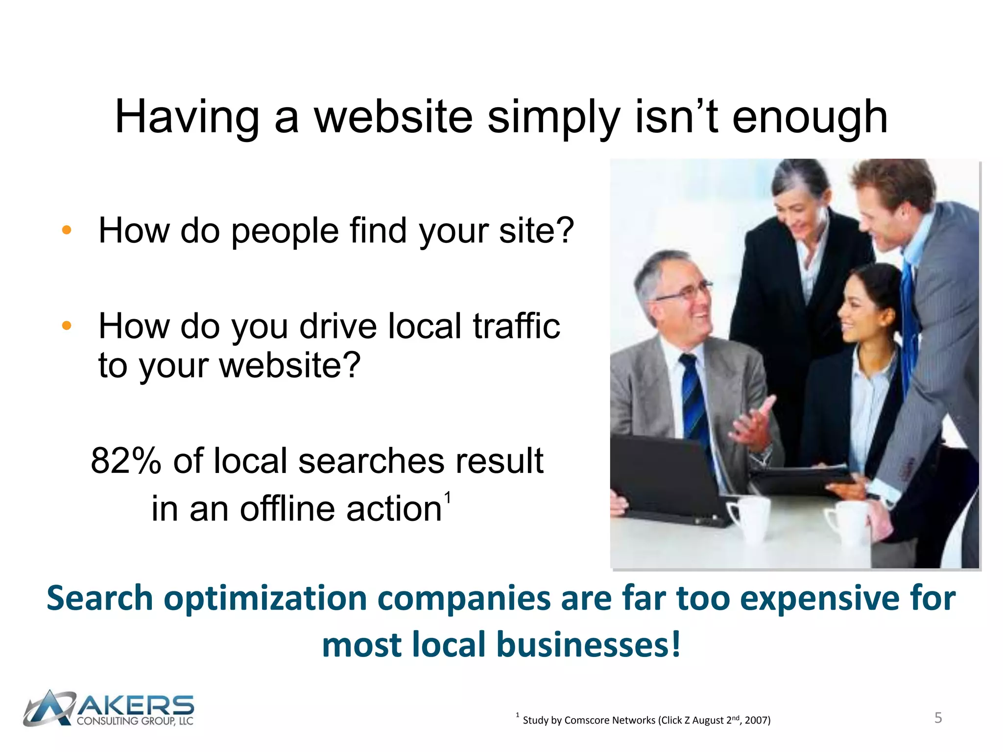 Having a website simply isn’t enoughHow do people find your site?How do you drive local trafficto your website?   82% of local searches result          in an offline action15Search optimization companies are far too expensive for most local businesses! 1 Study by Comscore Networks (Click Z August 2nd, 2007)