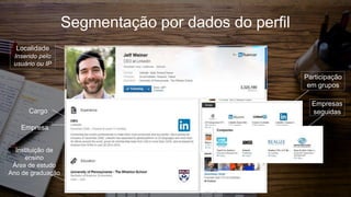 Segmentação por dados do perfil
Cargo
Empresa
Localidade
Inserido pelo
usuário ou IP
Participação
em grupos
Empresas
seguidas
Instituição de
ensino
Área de estudo
Ano de graduação
 