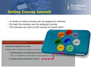 Confidential and Proprietary 22
www.stratbeans.com
Online Course Launch
• A variety of online courses can be assigned to trainees.
• On login the trainees see the assigned courses
• The trainees can click on the courses to launch them
 