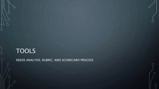 TOOLS
NEEDS ANALYSIS, RUBRIC, AND SCORECARD PROCESS
 