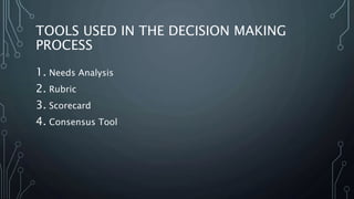 TOOLS USED IN THE DECISION MAKING
PROCESS
1. Needs Analysis
2. Rubric
3. Scorecard
4. Consensus Tool
 