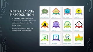 DIGITAL BADGES
& RECOGNITION
• At biweekly meetings, digital
badges were rewarded based on
recommendations from Work
Group Leads
• Physical certificates with the
badges were also awarded
 