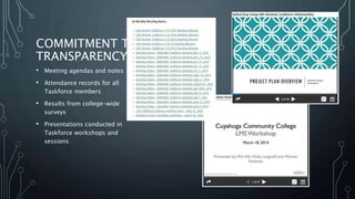 COMMITMENT TO
TRANSPARENCY
• Meeting agendas and notes
• Attendance records for all
Taskforce members
• Results from college-wide
surveys
• Presentations conducted in
Taskforce workshops and
sessions
 