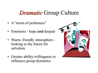 A  “norm of politeness” Emotions - hope  and  despair Warm, friendly atmosphere - looking to the future for salvation Greater ability/willingness to influence group dynamics Dramatic  Group Culture 