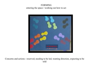 FORMING entering the space / working out how to act Concerns and actions - reserved, needing to be led, wanting direction, expecting to be told FORMING 