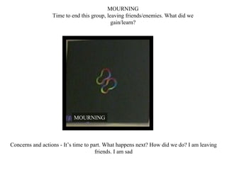MOURNING Time to end this group, leaving friends/enemies. What did we gain/learn? Concerns and actions - It’s time to part. What happens next? How did we do? I am leaving friends. I am sad MOURNING 