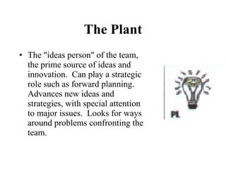 The Plant The "ideas person" of the team, the prime source of ideas and innovation.  Can play a strategic role such as forward planning.  Advances new ideas and strategies, with special attention to major issues.  Looks for ways around problems confronting the team. 