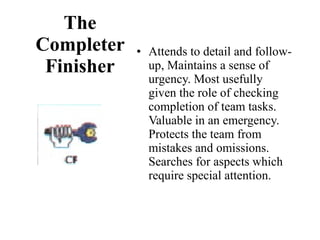 The Completer Finisher Attends to detail and follow-up, Maintains a sense of urgency. Most usefully given the role of checking completion of team tasks.  Valuable in an emergency.  Protects the team from mistakes and omissions.  Searches for aspects which require special attention. 