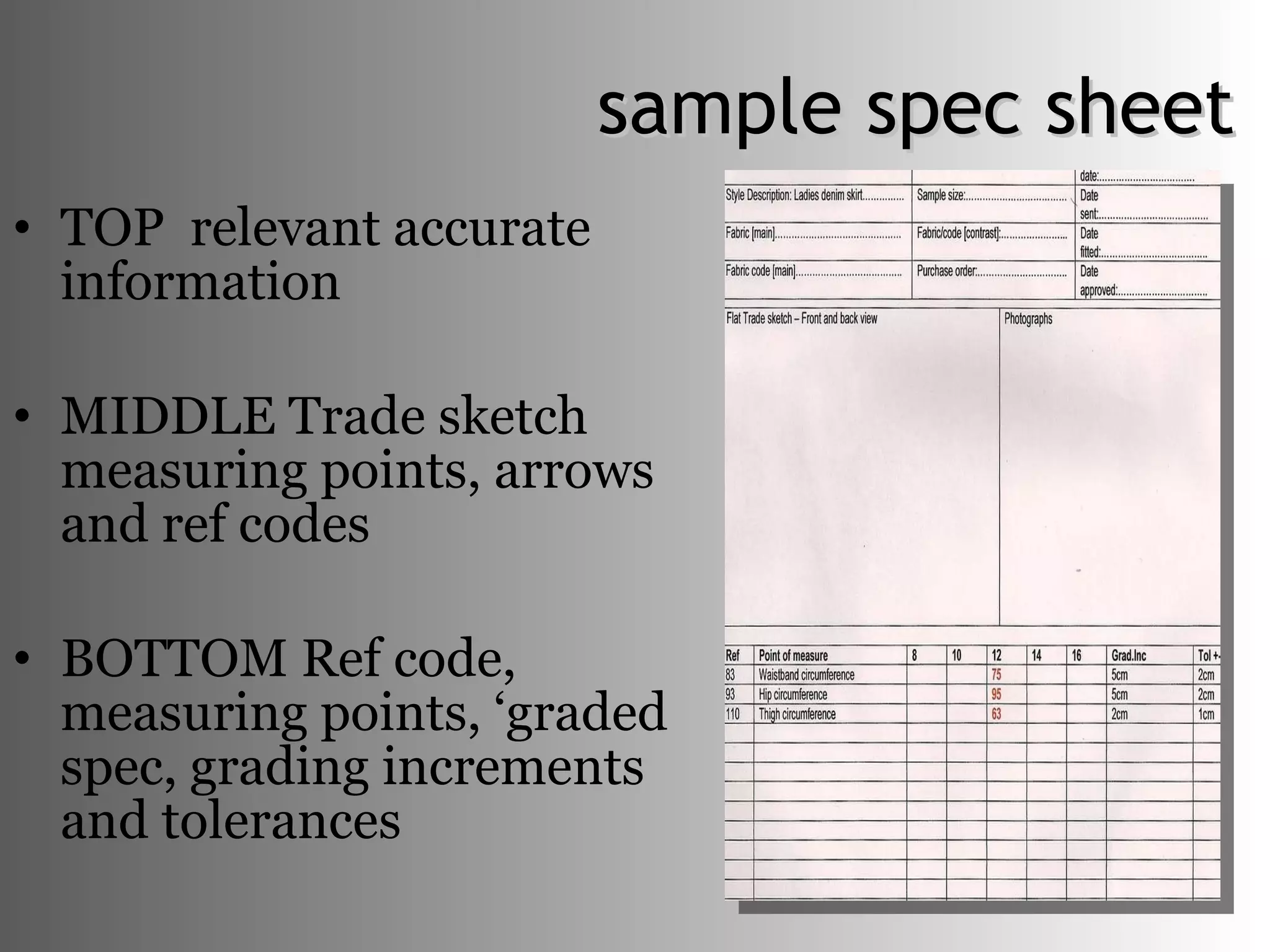 sample spec sheet TOP  relevant accurate information MIDDLE Trade sketch measuring points, arrows and ref codes BOTTOM Ref code, measuring points, ‘graded spec, grading increments and tolerances 