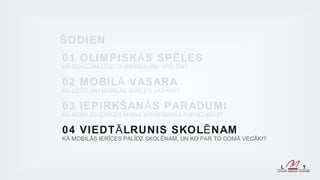 ŠODIEN
01 OLIM PISK Ā S SP Ē LES
KĀ SEKOJĀM LĪDZI OLIMPISKAJĀM SPĒLĒM?

02 MOBIL Ā VASAR A
KĀ LIETOJAM MOBILĀS IERĪCES VASARĀ?

03 IEPIRKŠAN Ā S PARADUMI
KĀ MOBILĀS IERĪCES MAINA IEPIRKŠANĀS PARADUMUS?

04 VIEDT Ā LRUNIS SKOL Ē NAM
KĀ MOBILĀS IERĪCES PALĪDZ SKOLĒNAM, UN KO PAR TO DOMĀ VECĀKI?
 