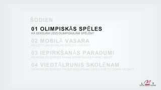 ŠODIEN
01 OLIM PISK Ā S SP Ē LES
KĀ SEKOJĀM LĪDZI OLIMPISKAJĀM SPĒLĒM?

02 MOBIL Ā VASAR A
KĀ LIETOJAM MOBILĀS IERĪCES VASARĀ?

03 IEPIRKŠAN Ā S PARADUMI
KĀ MOBILĀS IERĪCES MAINA IEPIRKŠANĀS PARADUMUS?

04 VIEDT Ā LRUNIS SKOL Ē NAM
KĀ MOBILĀS IERĪCES PALĪDZ SKOLĒNAM, UN KO PAR TO DOMĀ VECĀKI?
 